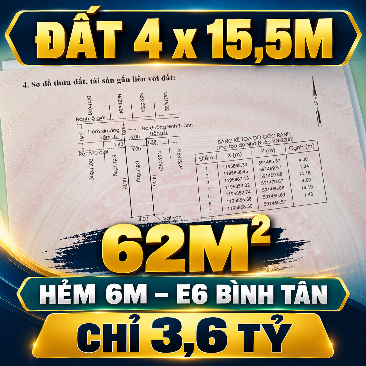 Bán đất thổ cư 62m² Bình Tân, đường 6m, giá 3,6 tỷ