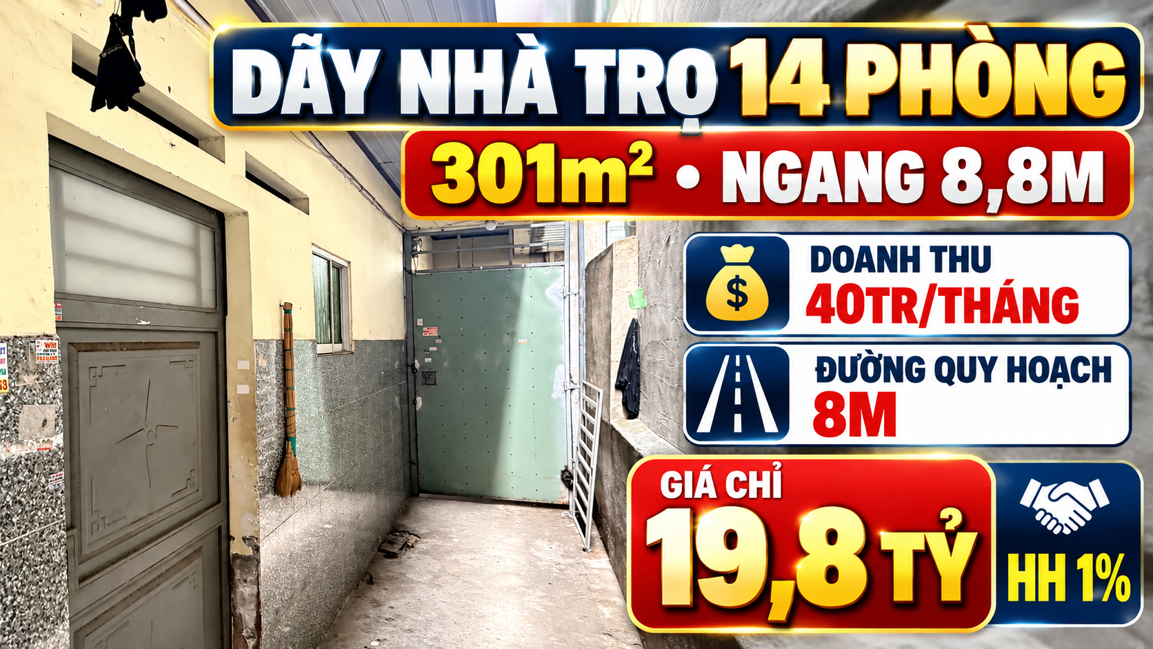 HH 1% 17,9 tỷ – DÃY TRỌ 14 PHÒNG, 301M², THU 40TR/THÁNG