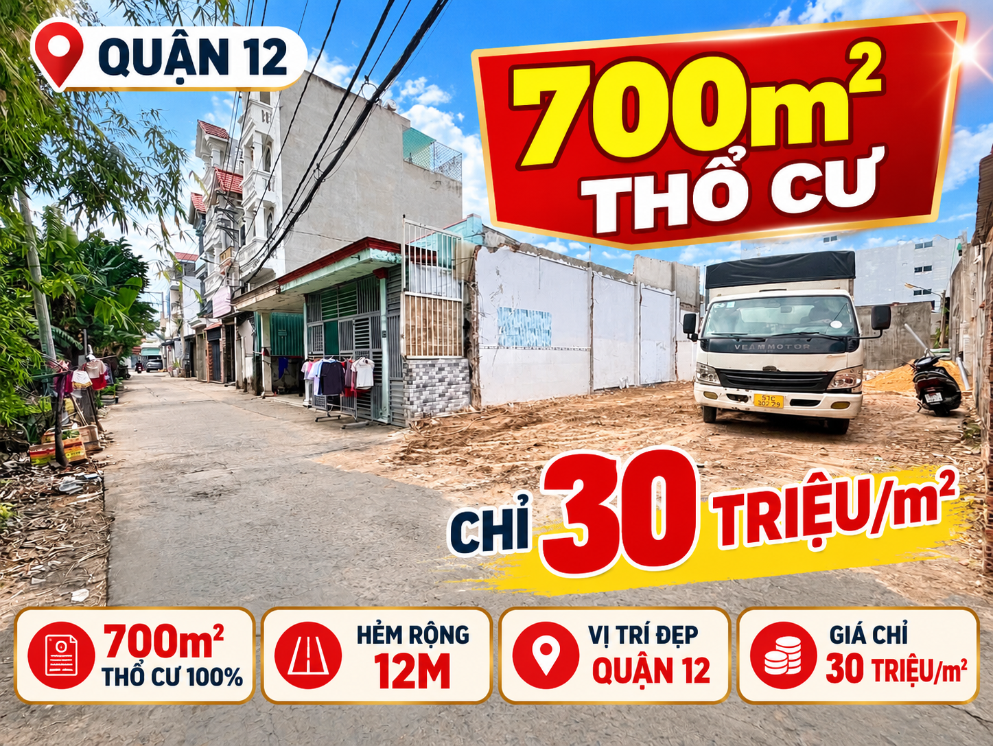 Bán đất Q12 hơn 700m Hẻm xe tải chỉ 30tr/m2